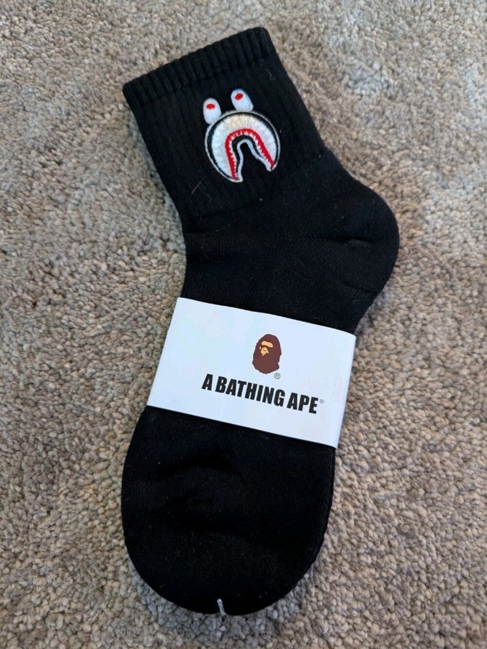 BAPE A Bathing Ape Black Ankle Sock Shark Face Graphic Embroidered Ribbed Knit N